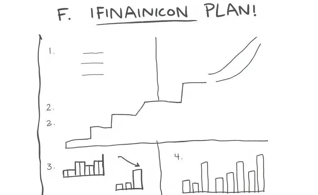 Drawing showing a step-by-step financial plan with graphs and charts