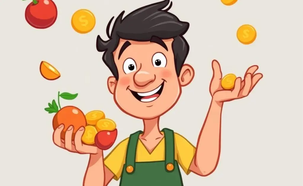 Cartoon person juggling fruits in one hand and coins in the other.
