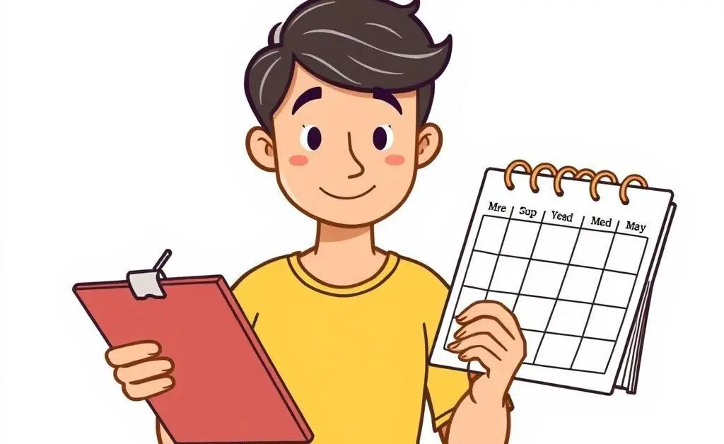 A cartoon-style illustration of someone planning weekly meals with a notepad and calendar.
