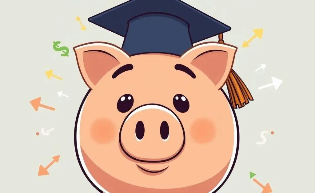 Piggy bank with graduation cap and financial symbols