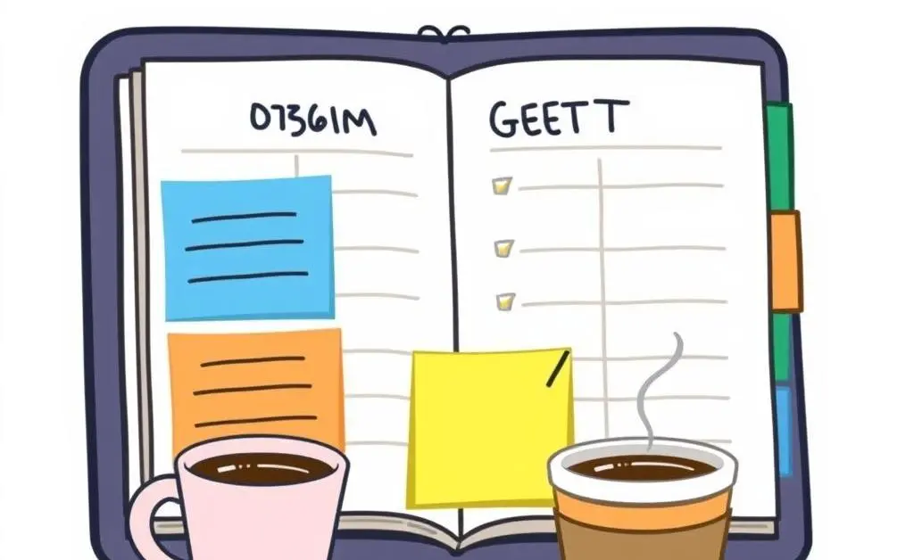 Budget planner with colorful notes and a coffee cup