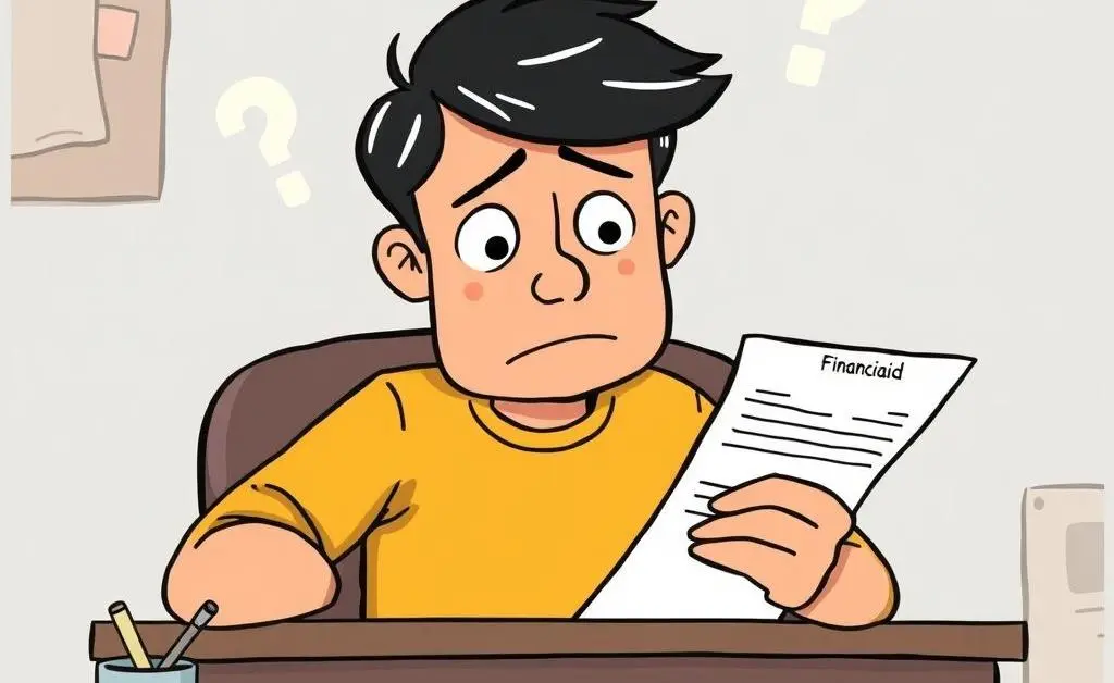 A worried student looking at their financial aid letter at a desk.