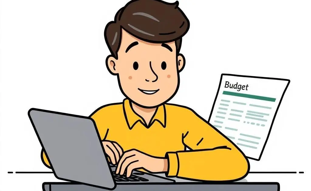 Cartoon-style drawing of a person creating a budget on their laptop.