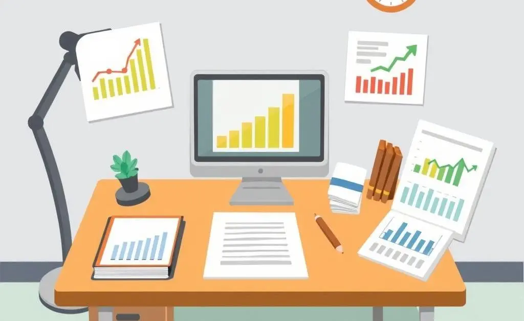 A cartoon depiction of a financial planner's desk with budget graphs and savings plans