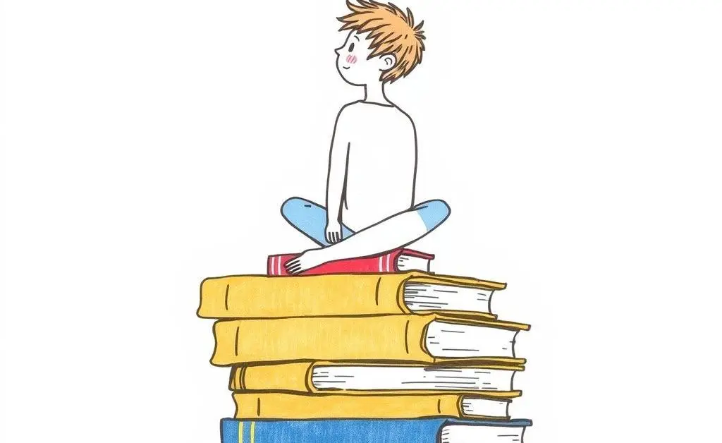 A person sitting on a pile of books, looking contemplative.