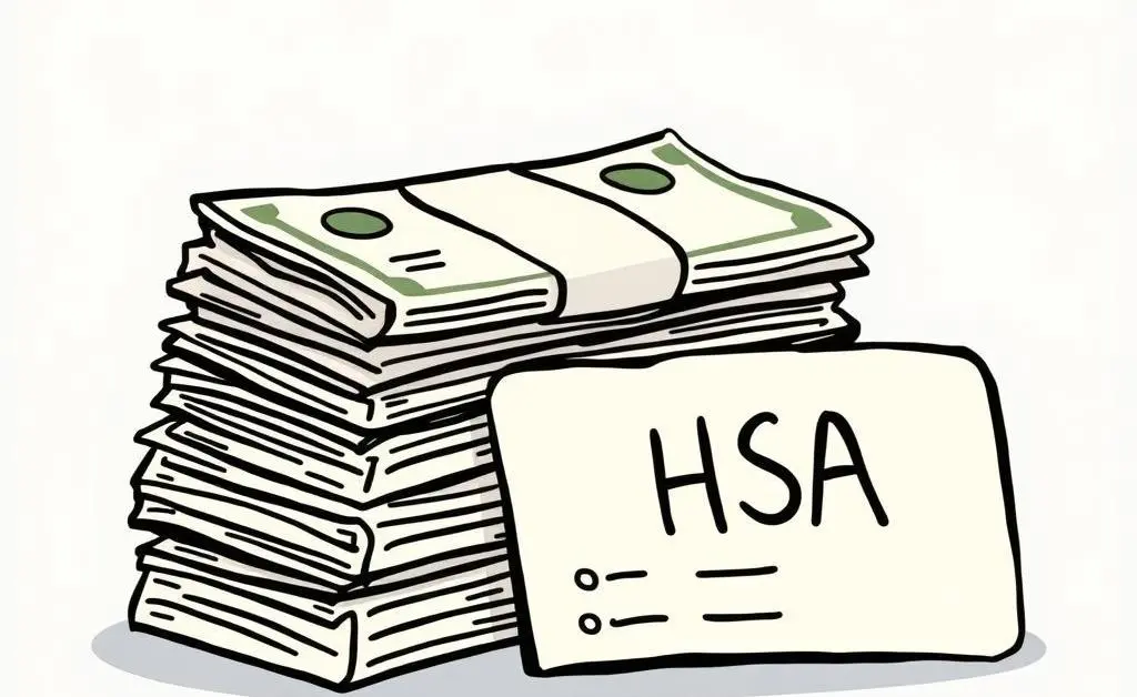 A cartoon-style illustration of a stack of medical bills next to an HSA card.