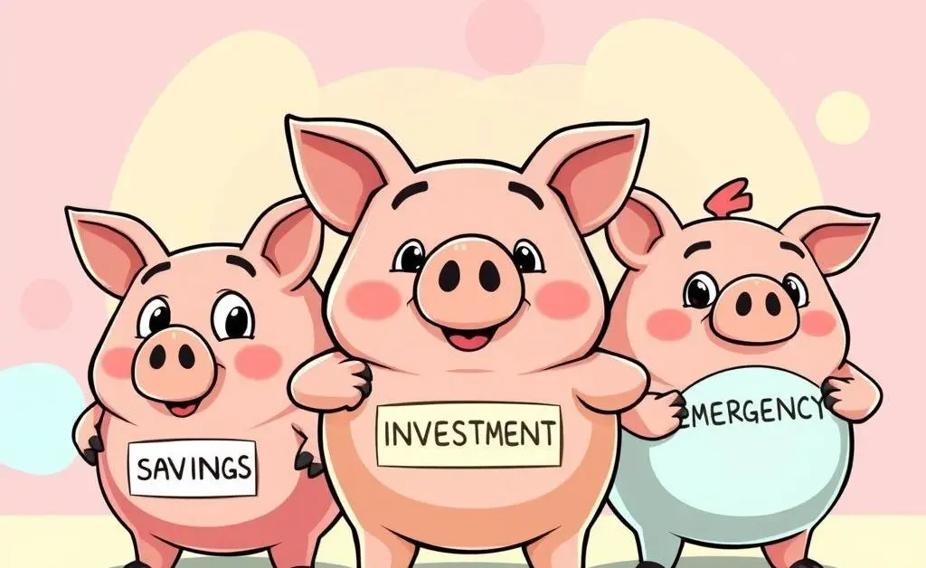 A depiction of different piggy banks for savings, investments, and emergency fund.