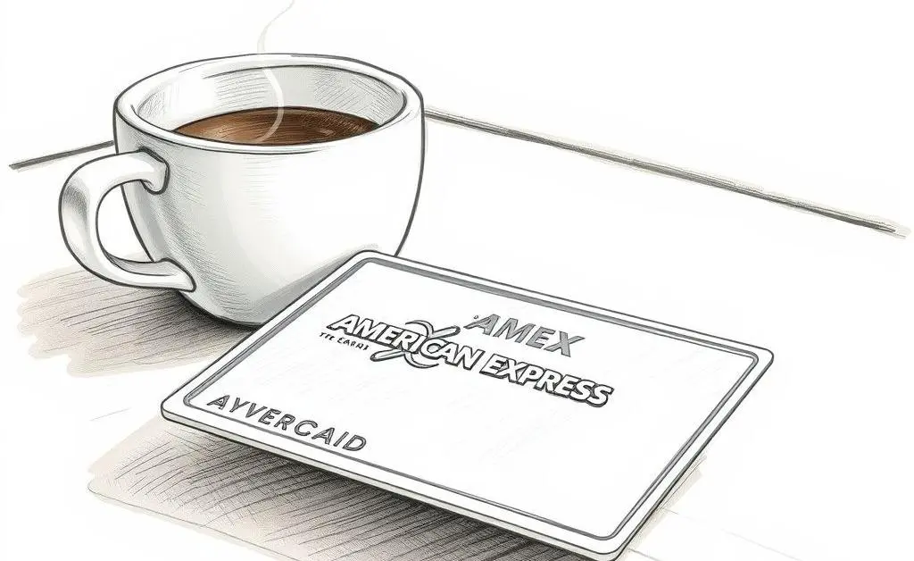 A hand-drawn image of an AMEX card on a table beside a cup of coffee.
