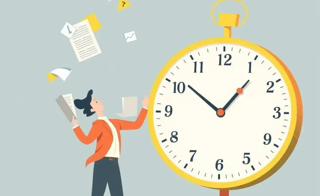 Illustration of a person juggling work and a large clock, representing time management.