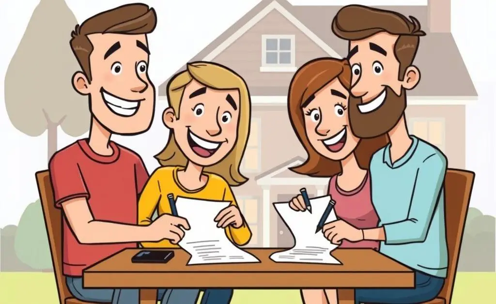 Cartoon-style illustration of first-time homebuyers signing mortgage papers.