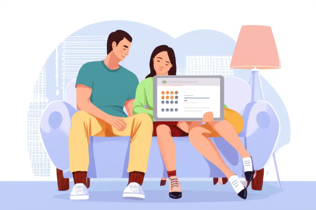 Couple comparing moving service reviews on tablet