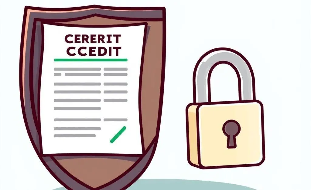 A cartoon image depicting a shield with a credit report on one side and a lock on the other, symbolizing data protection.