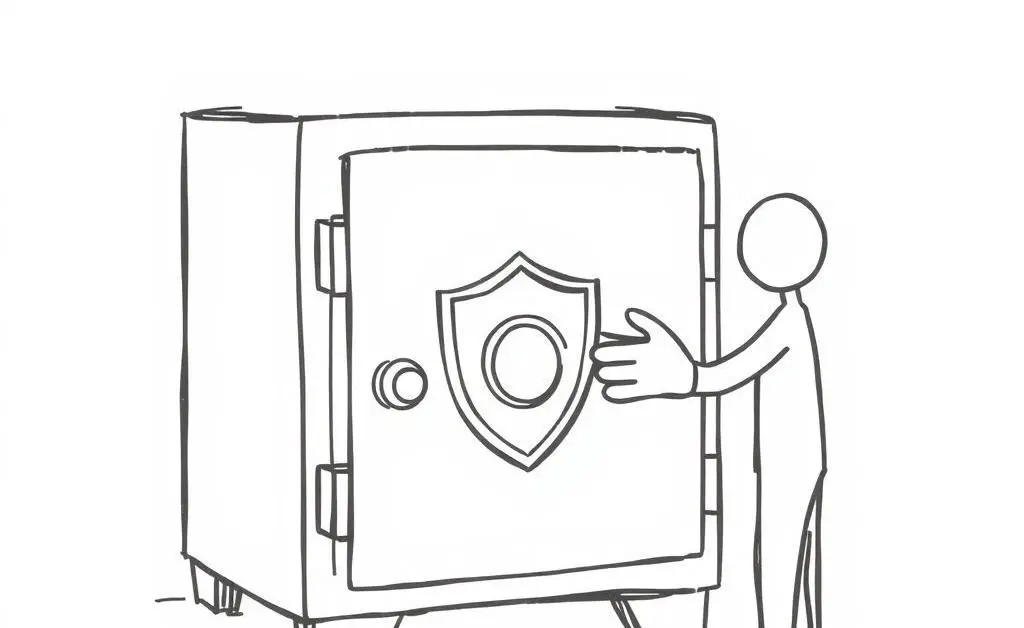 Sketch of a safe with a person putting a shield symbol on it.