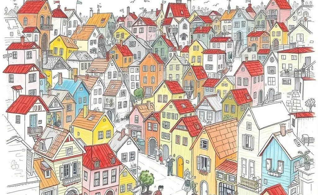 Colorful cartoon of a lively neighborhood with some conflicts and camaraderie