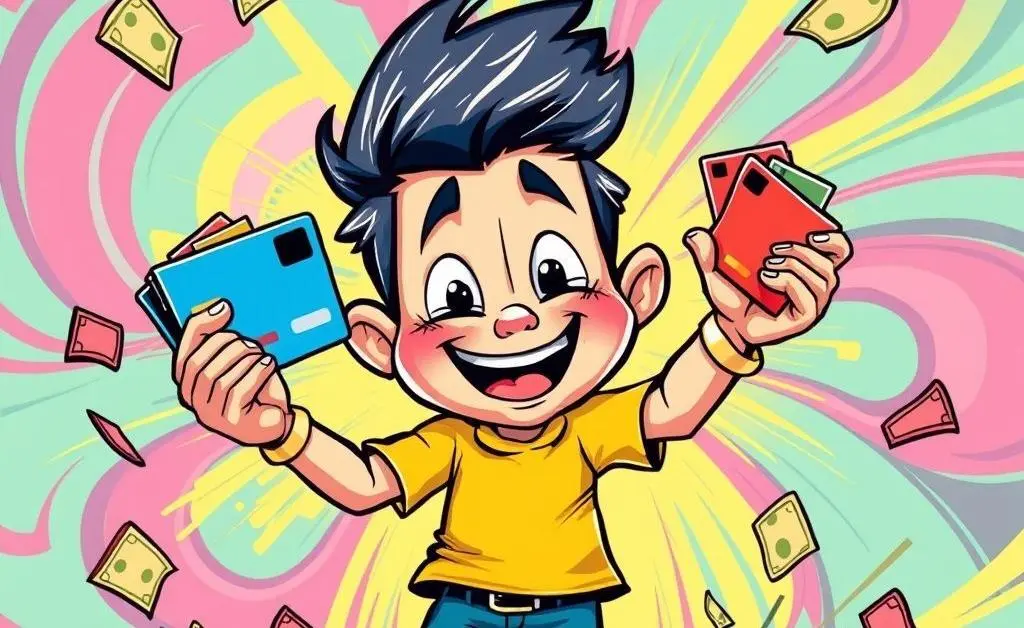 Character juggling credit cards and bills