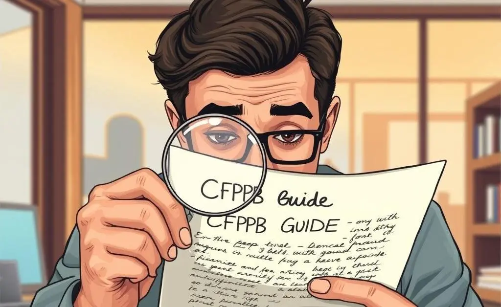 Illustration of a person reading a document labeled 'CFPB Guide' with a magnifying glass
