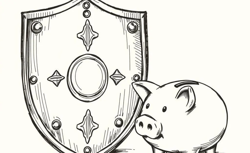 A hand-drawn illustration of a shield and piggy bank representing consumer protection