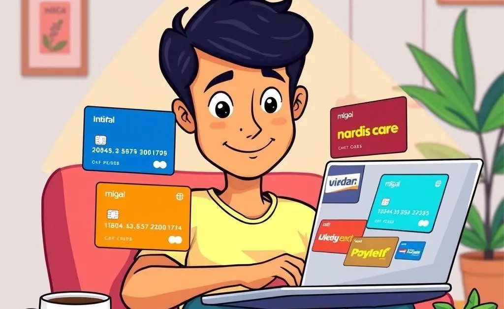 Cartoon of a person looking at different branded credit cards on their laptop