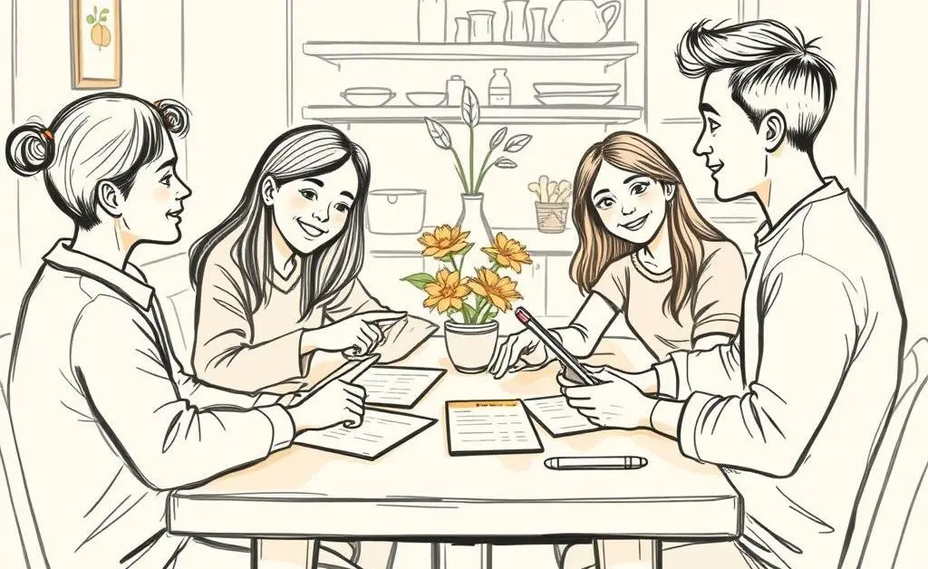 A family discussing their budget around a dining table