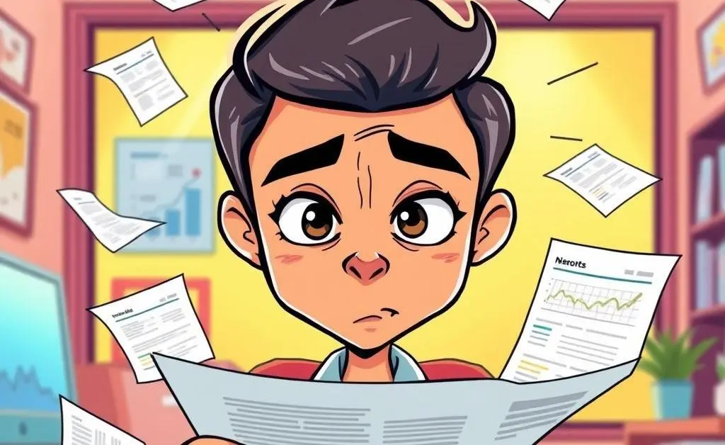 A cartoon image of a person reading credit reports with concerned expressions.