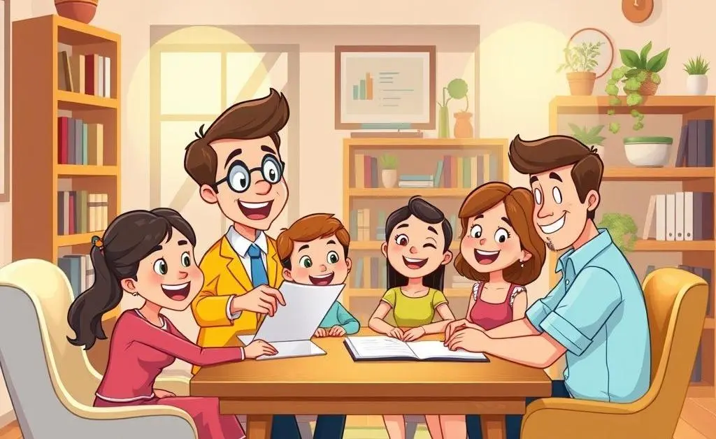 Insurance agent explaining a policy to a family
