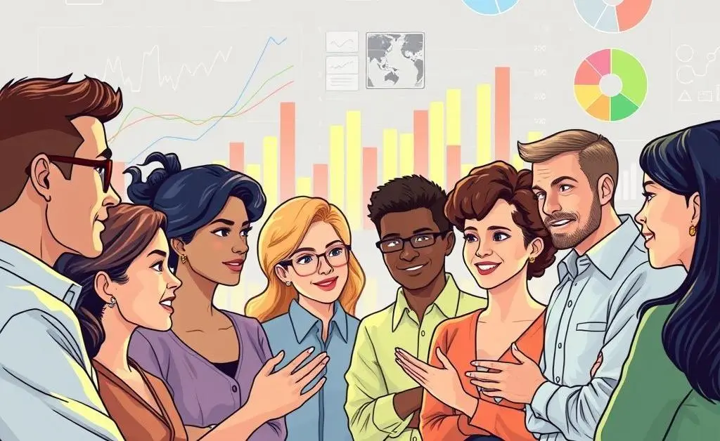 Illustration of a diverse group of people engaged in a discussion with financial charts in the background
