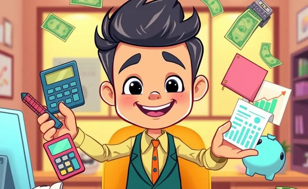 Cartoon person balancing a budget by using different financial tools
