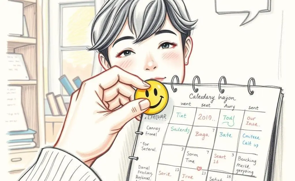Person marking a calendar with a smiley face sticker