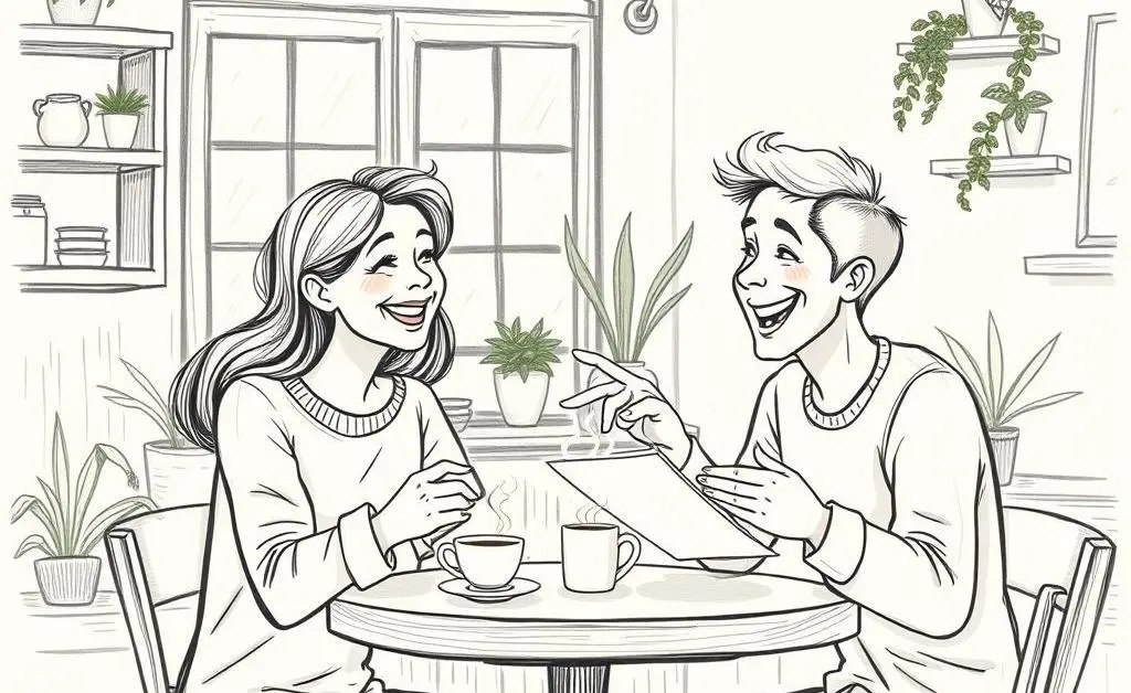 A happy couple discussing finances over coffee