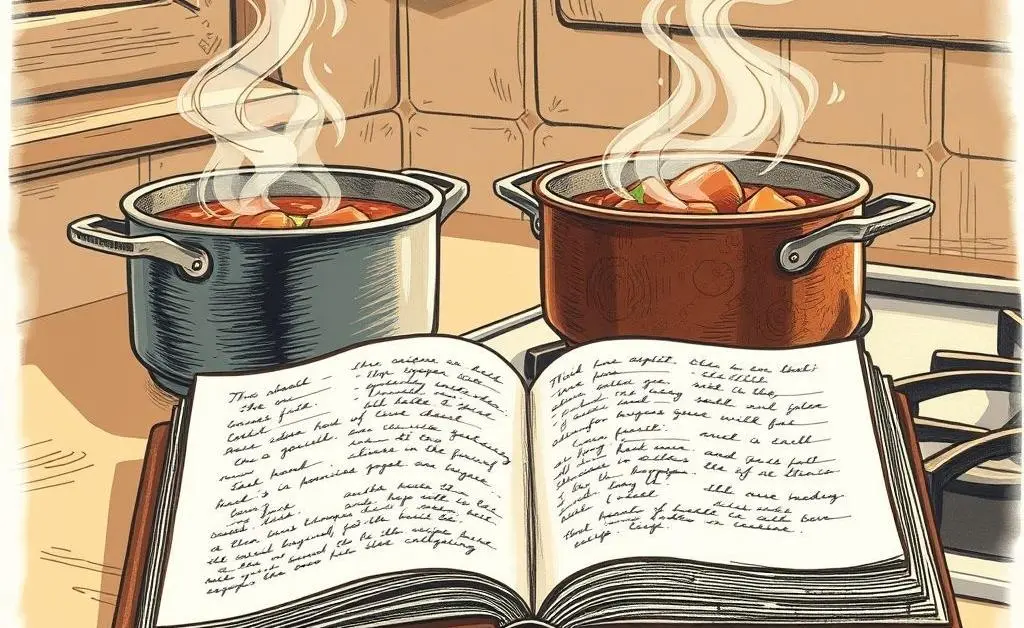 Open recipe book next to a steaming pot on a stove