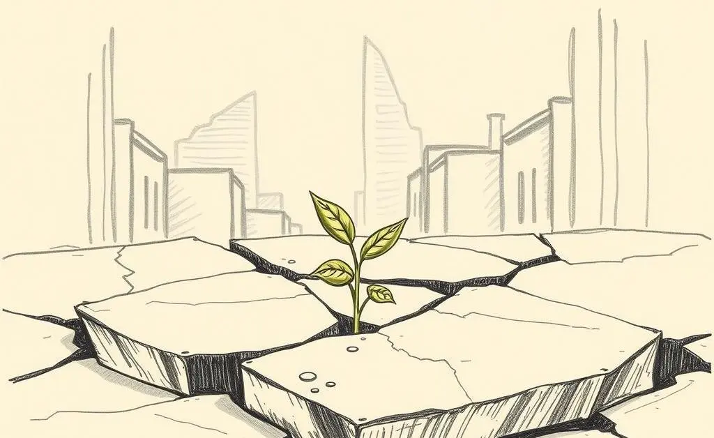 A small plant breaking through concrete symbolizes resilience