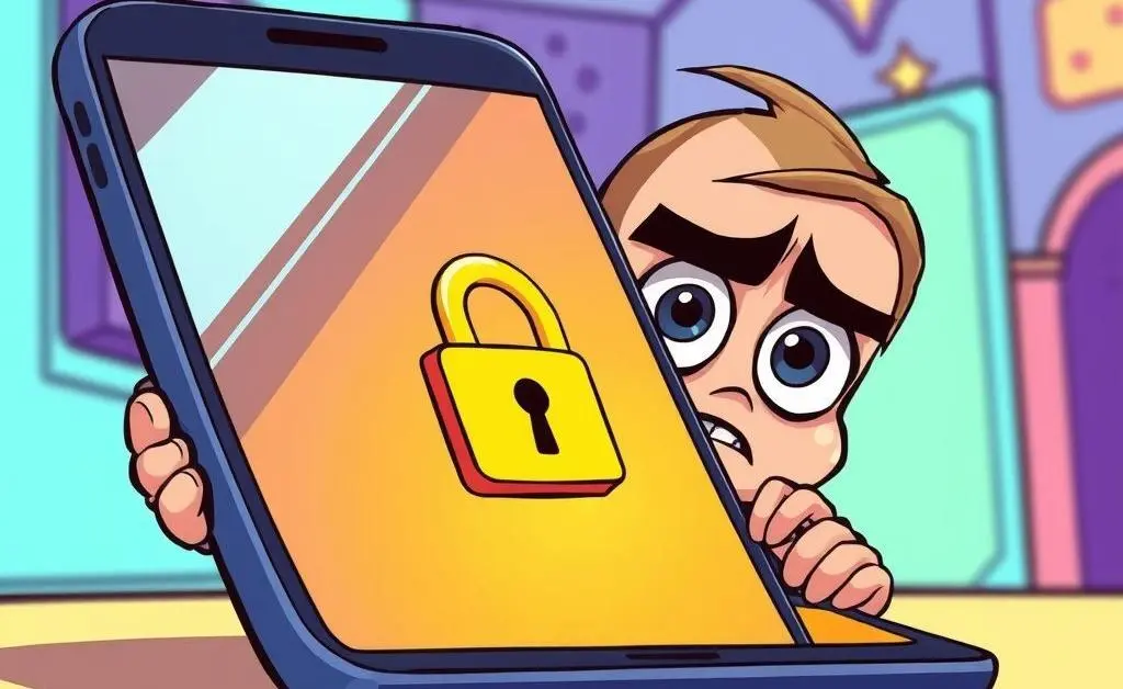 A cartoon of a locked smartphone with a worried character peeping over it.