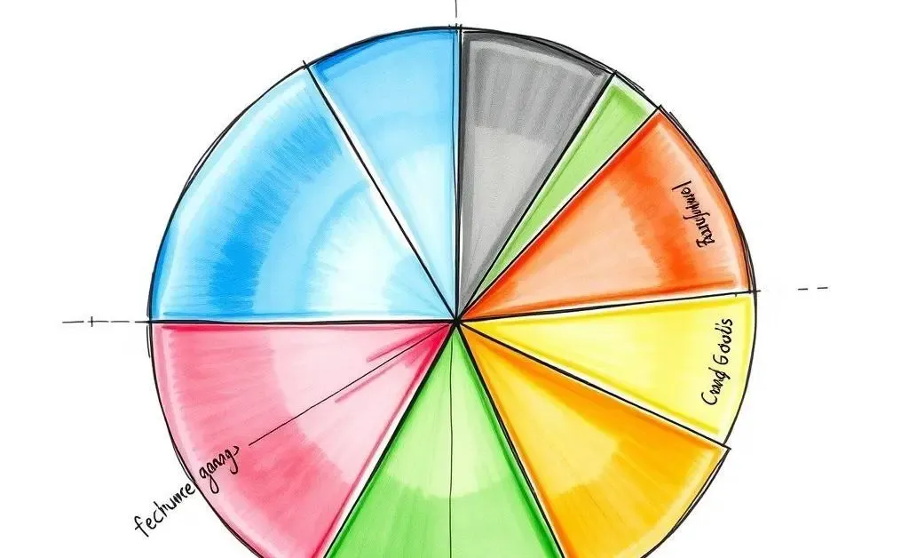 Hand-drawn image of a pie chart showing different stock sectors like tech, healthcare, consumer goods