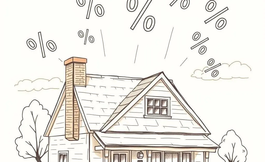 Hand-drawn image of a house with fluctuating percentage symbols representing mortgage rates