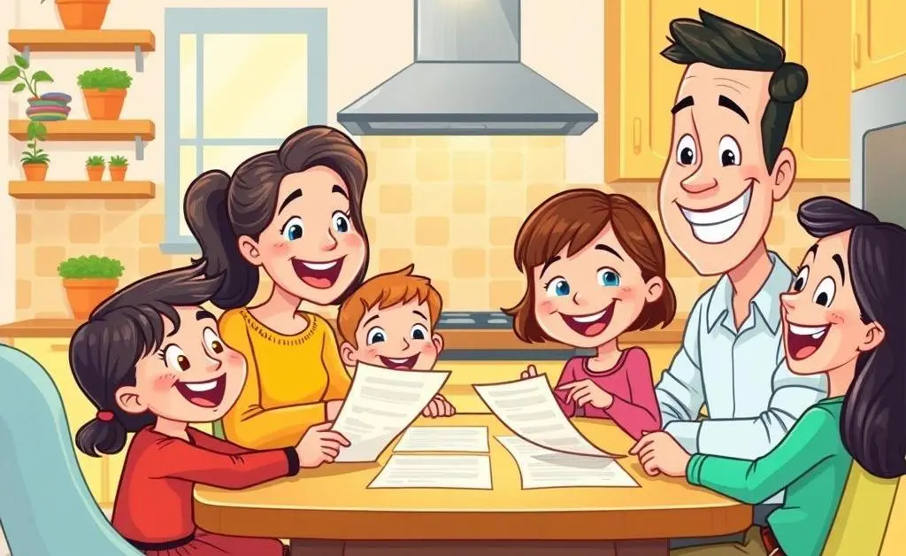 A cartoon-style illustration of a family happily discussing mortgage options at a kitchen table.