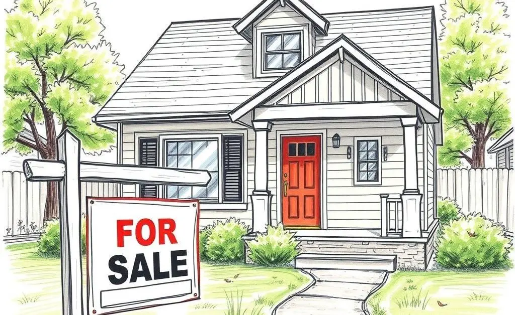 Hand-drawn image of a house with a large 'For Sale' sign in front, emphasizing the mortgage process.