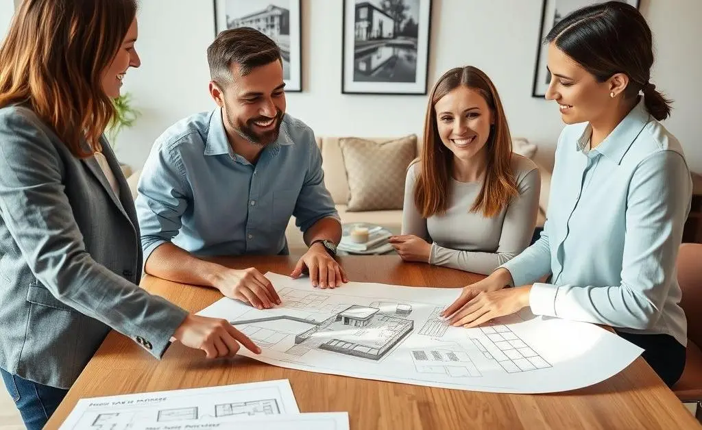 A couple discussing a house blueprint with a real estate agent.