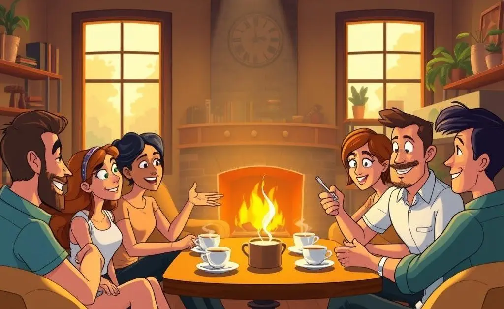 An animated image of a cozy coffee shop conversation where people are discussing real estate opportunities.