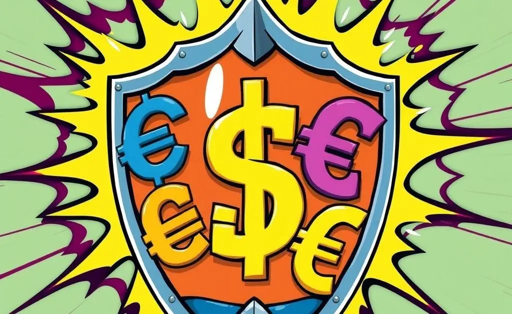 A shield with financial symbols representing protection