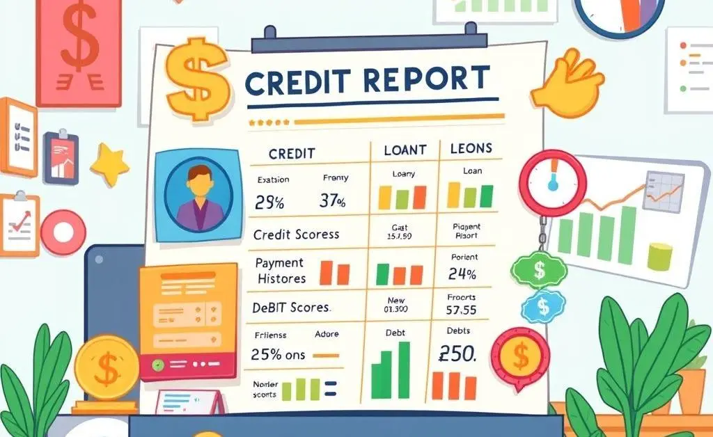 A credit report with icons representing financial aspects