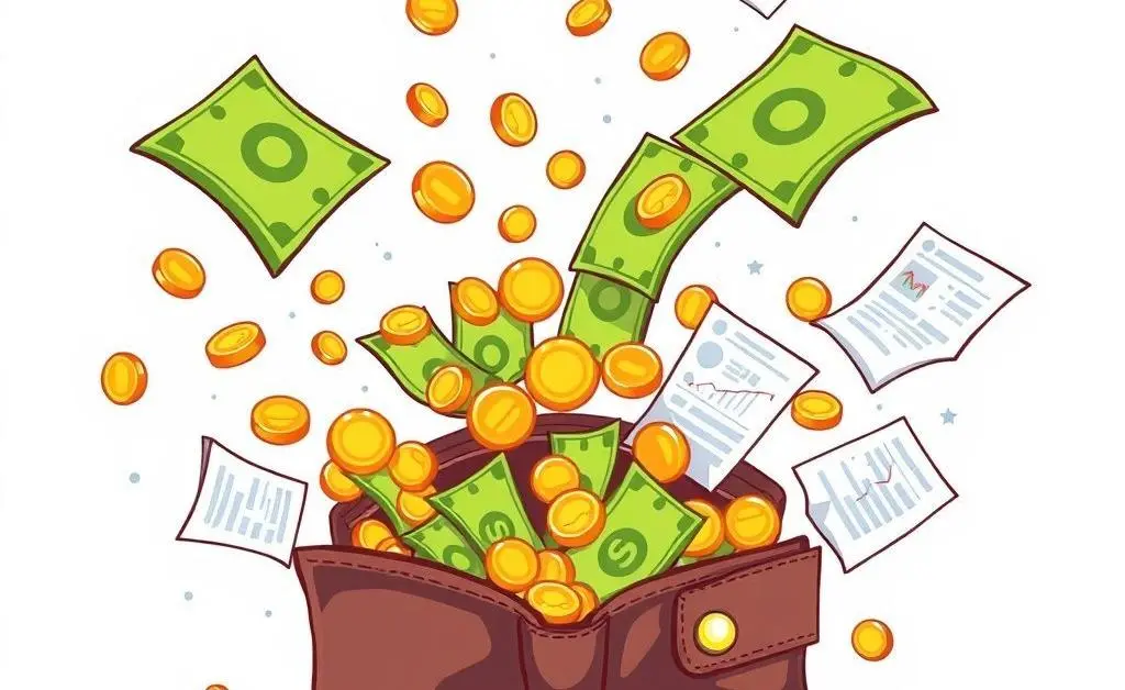 Open wallet with dollars, coins, and budgeting sheets flying out.