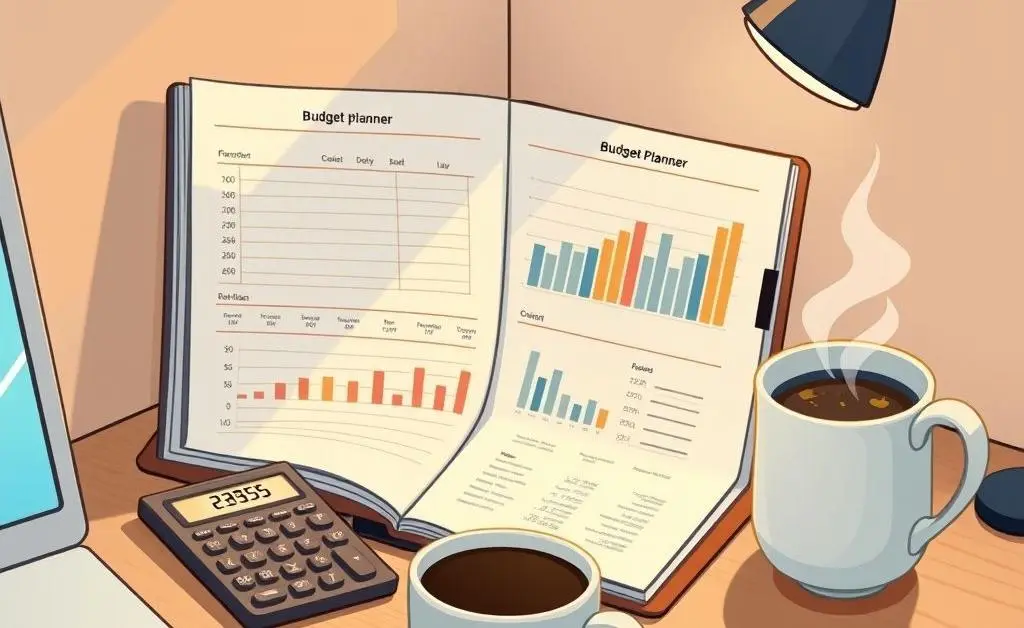 An illustration of a budget planner with a calculator and coffee cup on a desk.