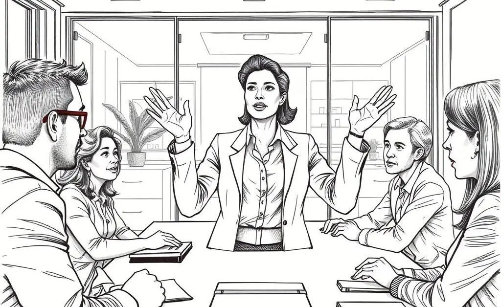 Hand-drawn style illustration of an employee raising a concern in a meeting.
