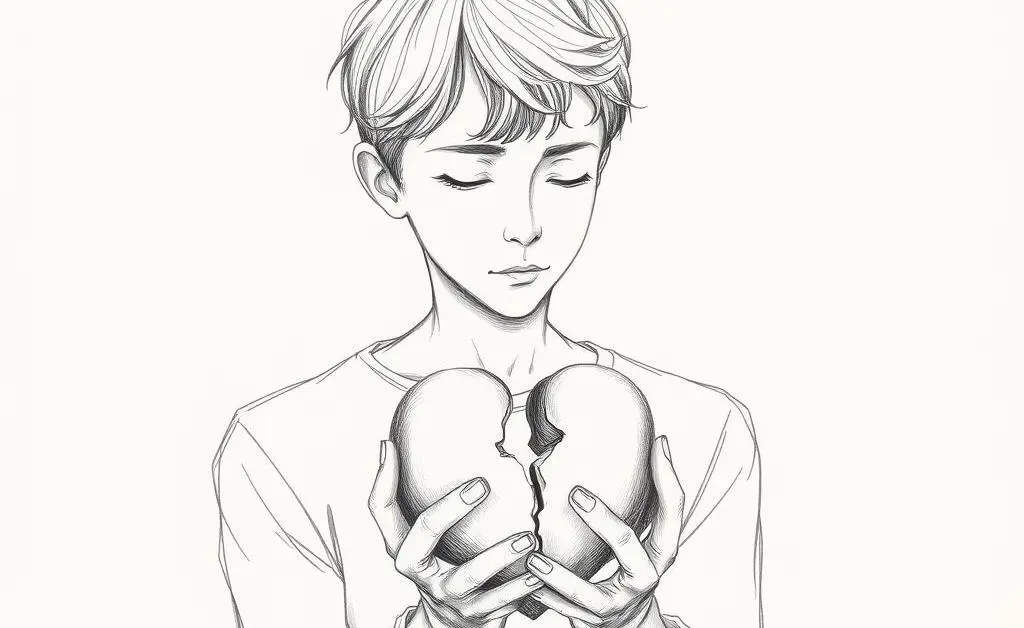 A person holding a broken heart, looking thoughtful and calm.