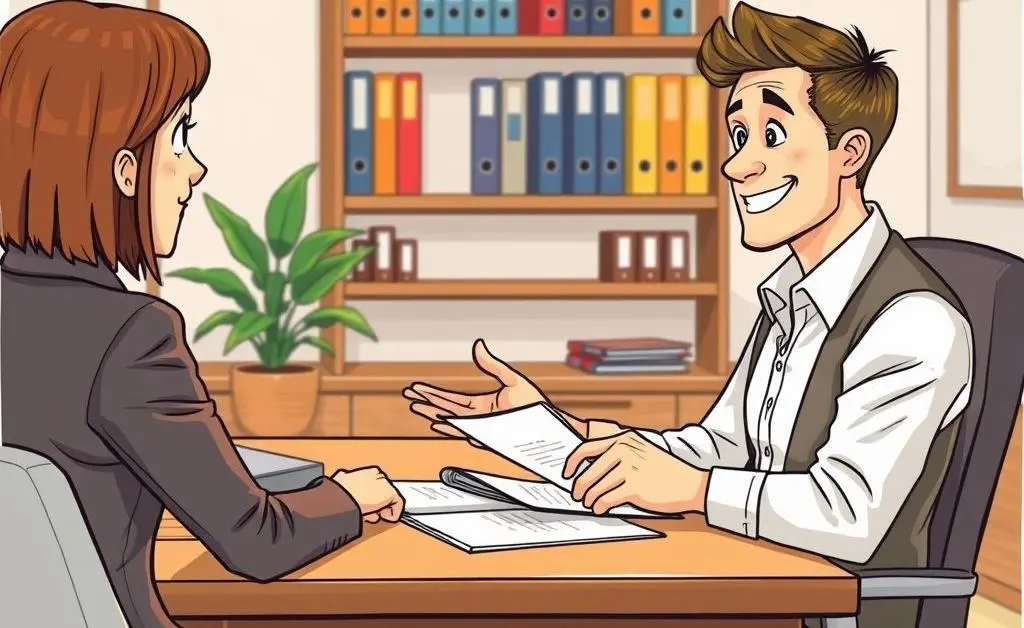 Friendly insurance agent at a desk with a customer
