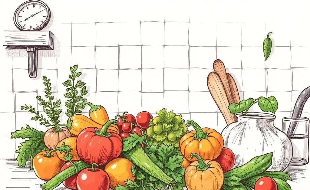 A kitchen counter with fresh ingredients laid out for cooking