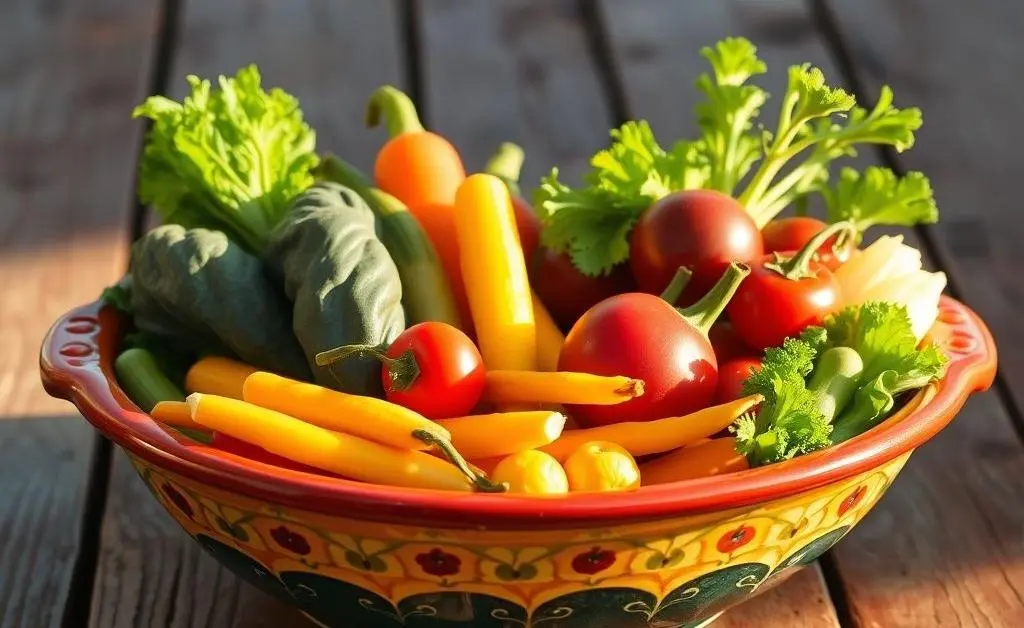 A colorful bowl of fresh vegetables on a wooden table.