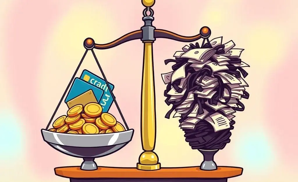 A cartoon showing a scale balancing credit and debt