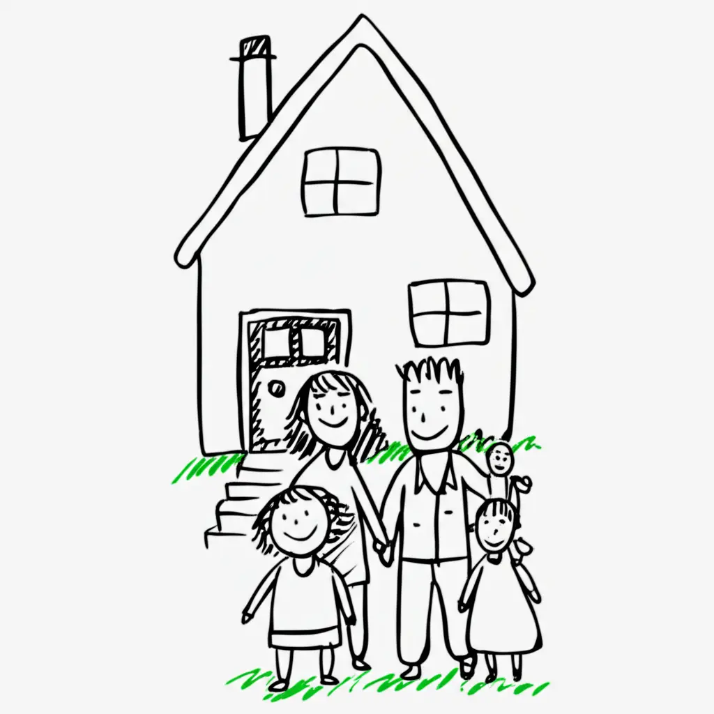 Hand-drawn image of a family happily standing in front of their new home.