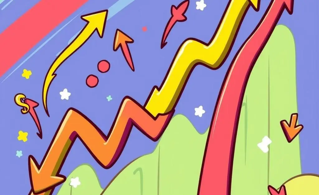 A cartoon-style stock market graph with arrows indicating growth and dips.